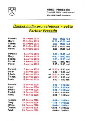 Upravení otevírací doby pošty Prosetín